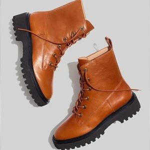 Madewell Rayna Leather Brown Combat Boot with Lug Sole
